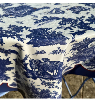 nappe toile cirée motif toile de jouy bleu marine